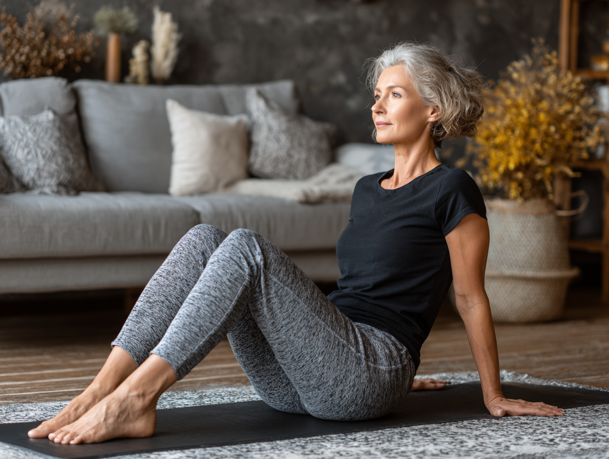 Grup de seniori practicând yoga